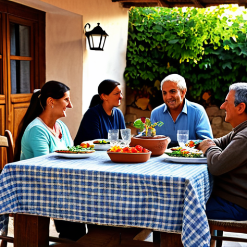 Rustic Charm**

"A cozy, fully clothed family enjoying a traditional meal at a stone table in a rural Andalusian farmhouse, appropriate attire, safe for work, surrounded by terracotta pots with geraniums, dappled sunlight, perfect anatomy, natural proportions, professional photography, high quality, modest, family-friendly setting, focus on the warm, inviting atmosphere."

**