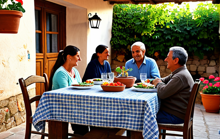 Rustic Charm**
"A cozy, fully clothed family enjoying a traditional meal at a stone table in a rural Andalusian farmhouse, appropriate attire, safe for work, surrounded by terracotta pots with geraniums, dappled sunlight, perfect anatomy, natural proportions, professional photography, high quality, modest, family-friendly setting, focus on the warm, inviting atmosphere."
**