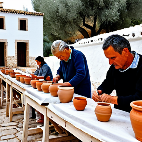 Traditional Craft Workshop**

"A group of fully clothed tourists participating in a pottery workshop in a rustic Spanish village. The scene shows artisans demonstrating traditional techniques, with participants engaging with clay. Background features include whitewashed buildings, terracotta roofs, and olive trees. Appropriate attire, safe for work, perfect anatomy, natural proportions, professional photography, high quality, modest."

**