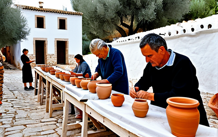 Traditional Craft Workshop**
"A group of fully clothed tourists participating in a pottery workshop in a rustic Spanish village. The scene shows artisans demonstrating traditional techniques, with participants engaging with clay. Background features include whitewashed buildings, terracotta roofs, and olive trees. Appropriate attire, safe for work, perfect anatomy, natural proportions, professional photography, high quality, modest."
**