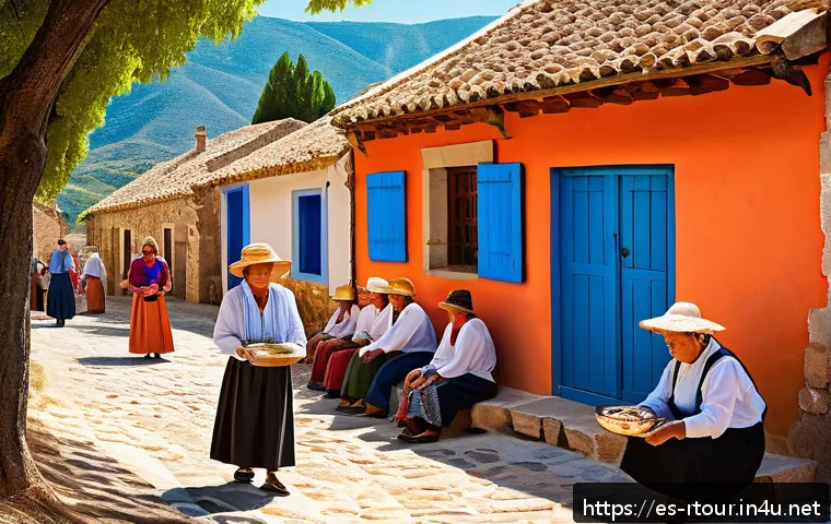 농촌관광기획사 직무 분석 - A vibrant rural village scene in Spain showcasing authentic local life: villagers dressed in traditi...