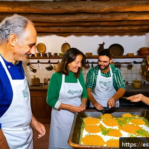 농촌관광기획사 실무에서의 기술 향상 - A vibrant rural cooking workshop set in a traditional Spanish countryside kitchen, featuring diverse...