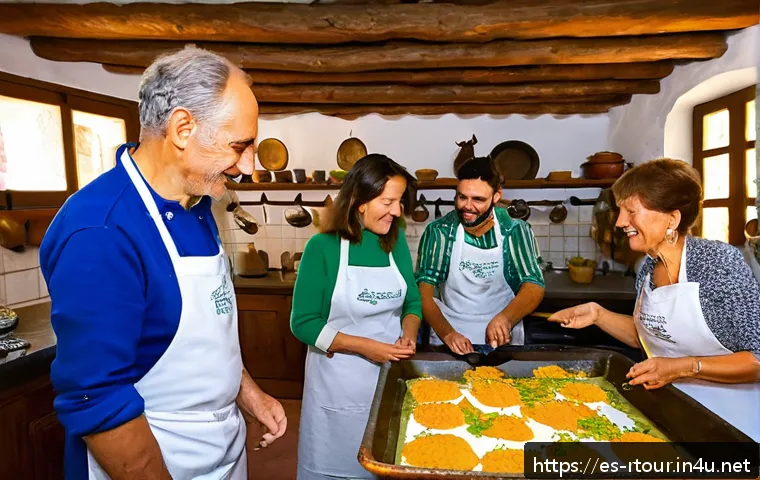 농촌관광기획사 실무에서의 기술 향상 - A vibrant rural cooking workshop set in a traditional Spanish countryside kitchen, featuring diverse...